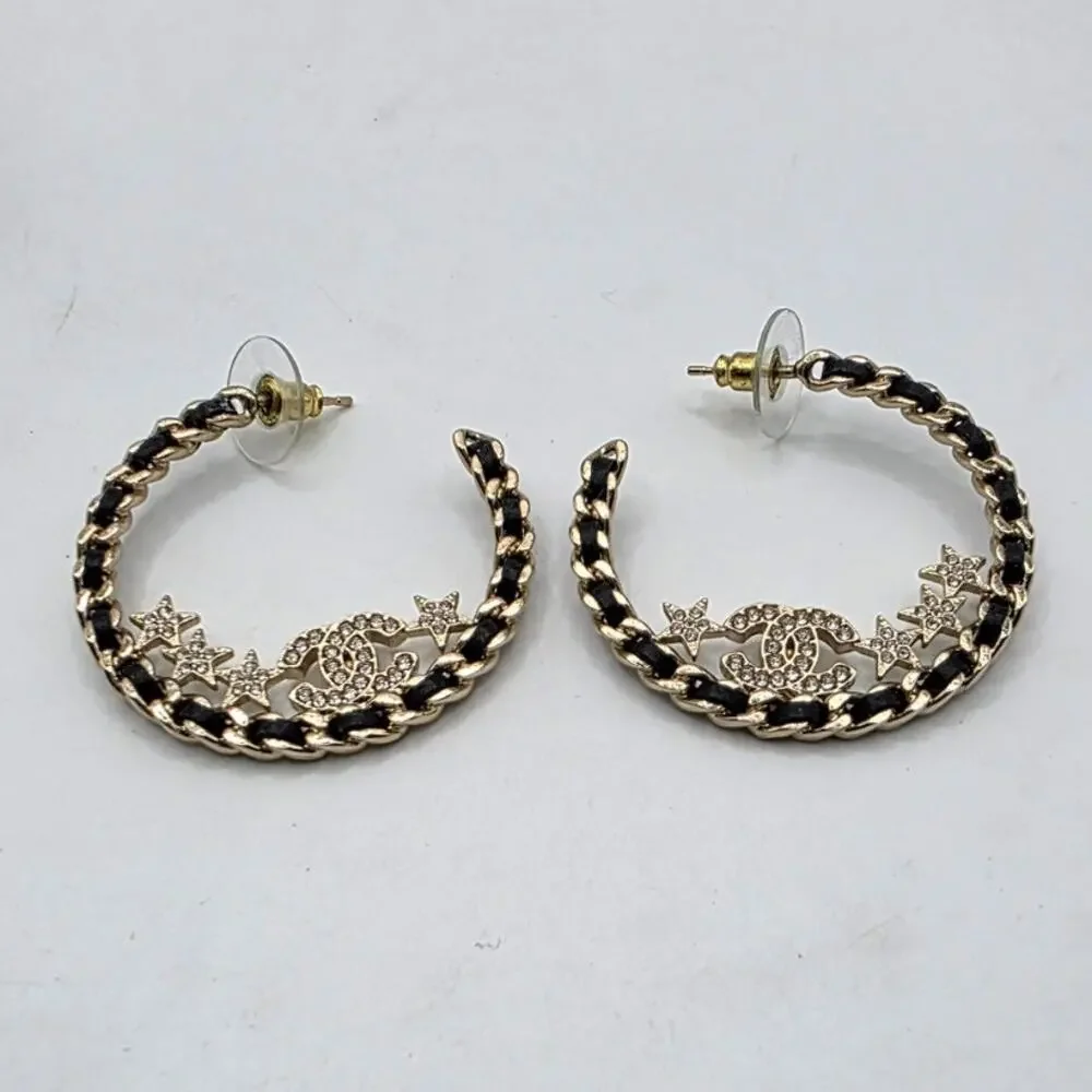 Chanel Gold-tone 2023 Strass Leather Interlocking CC Hoop Earrings